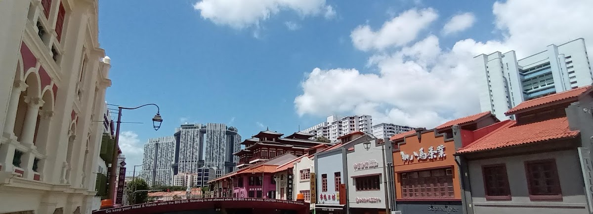 Chinatown rooftops around South Bridge Road, with the Buddha Tooth Relic Temple